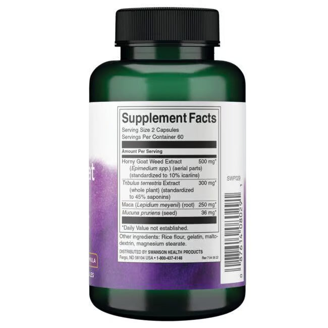 Label showing supplement facts and ingredients for Swanson Horny Goat Weed Complex 120 Capsules