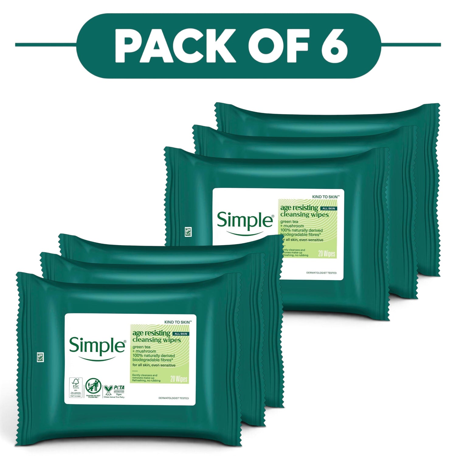 Simple Kind to Skin Age Resisting Cleansing Wipes 20 Wipes Pack of 6