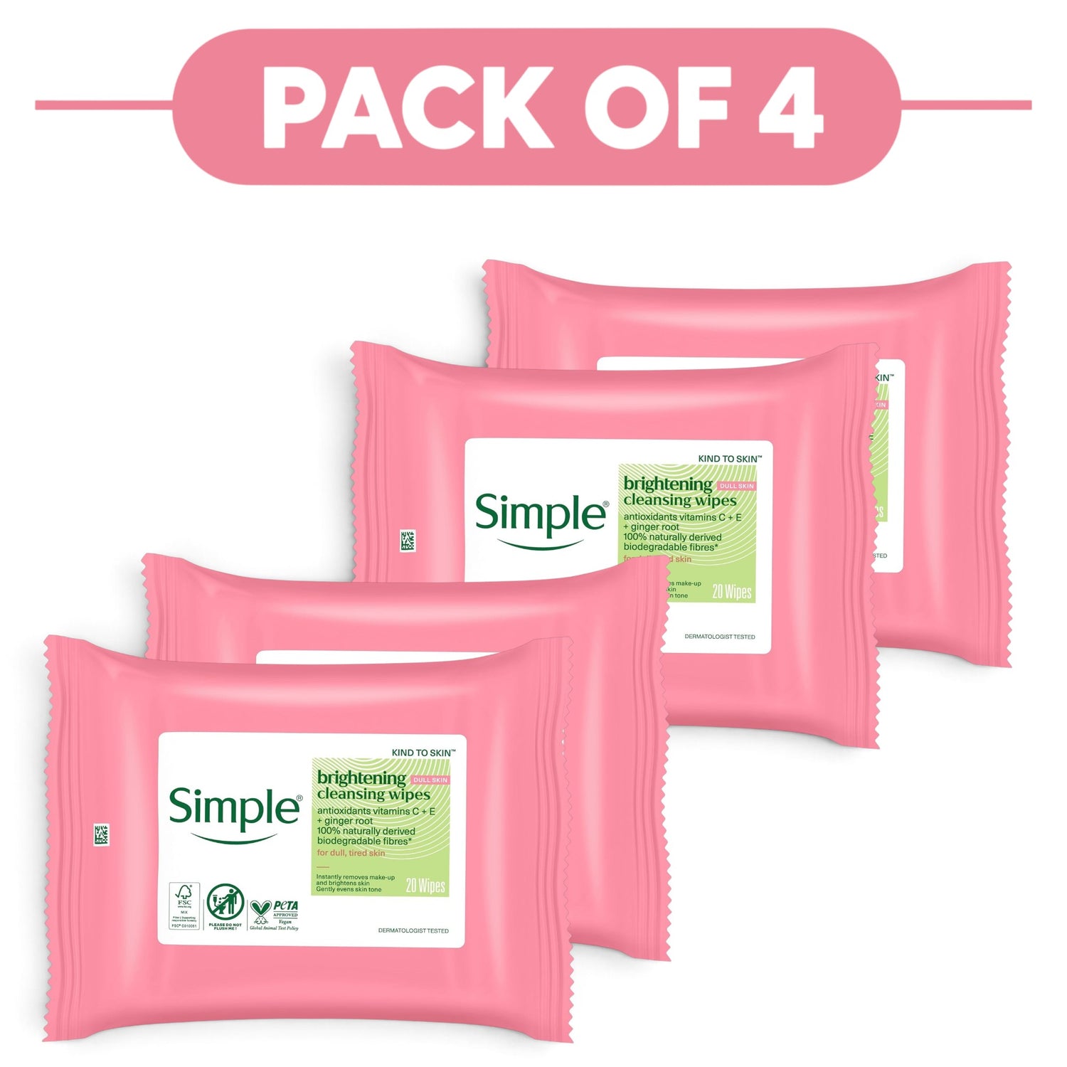 Simple Kind to Skin Brightening Cleansing Wipes 20 Wipes Pack of 4
