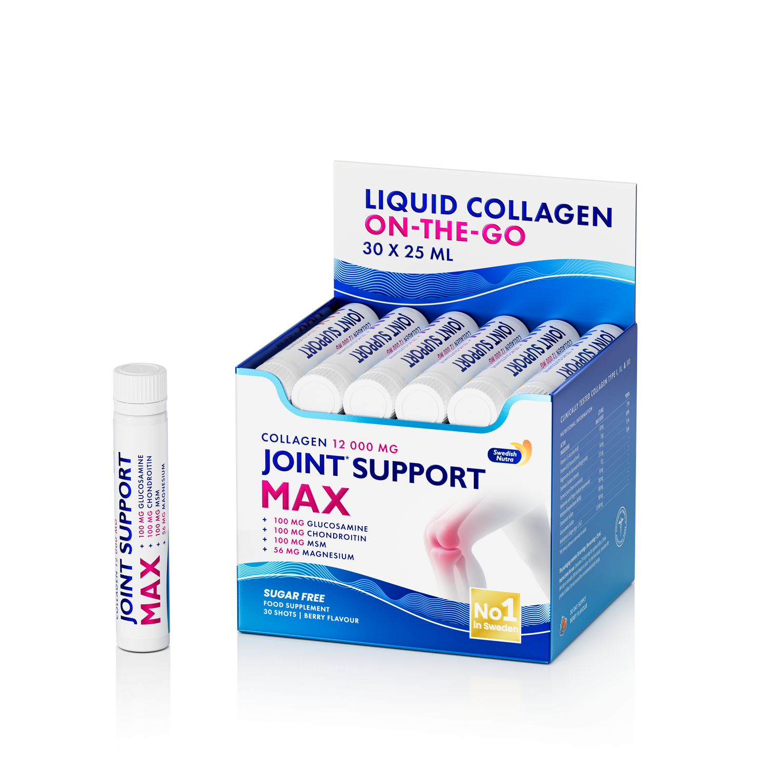 Box of Liquid Collagen On-The-Go with a bottle on a white background