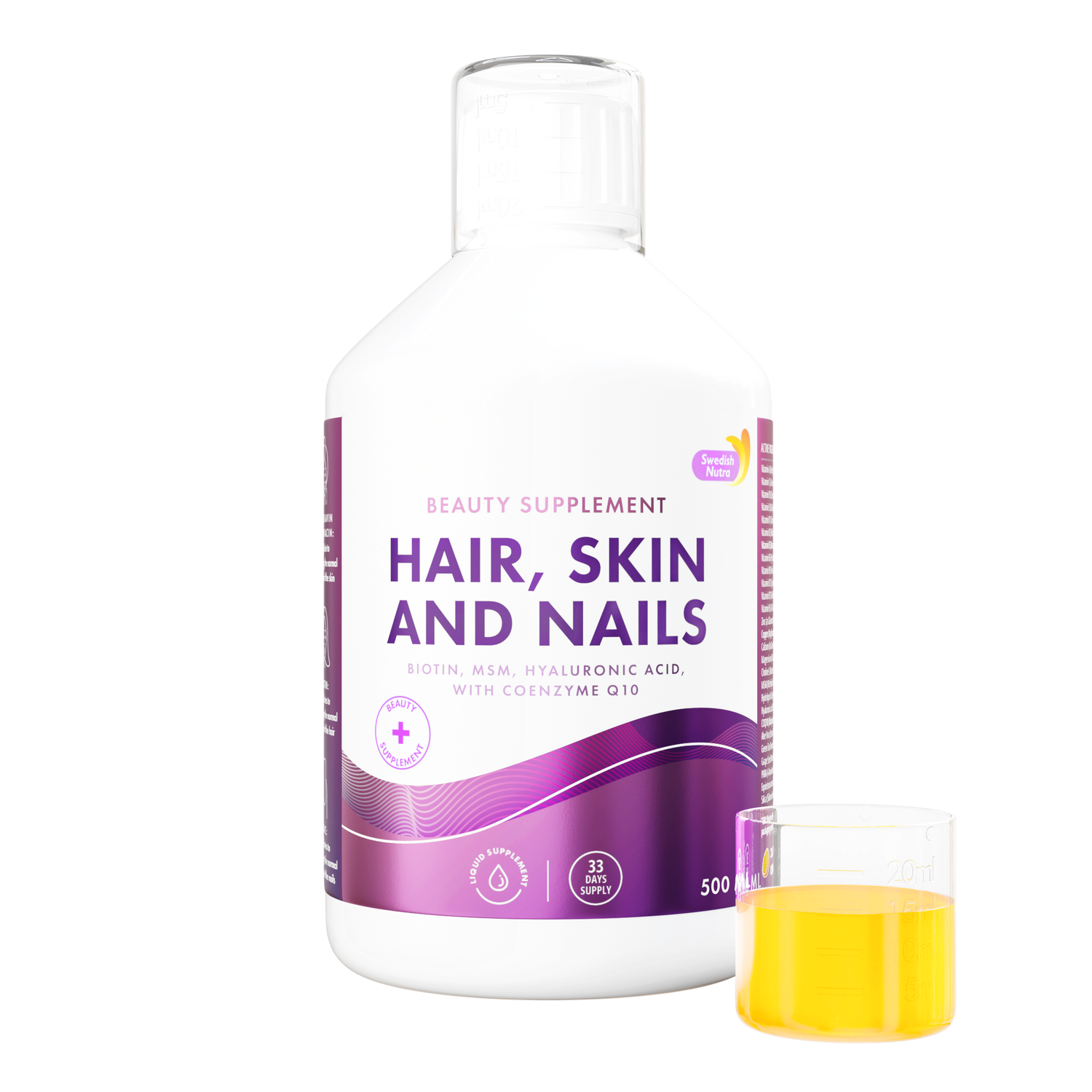 Front image: Swedish Nutra Hair Skin and Nails liquid collagen orange flavour 500ml bottle