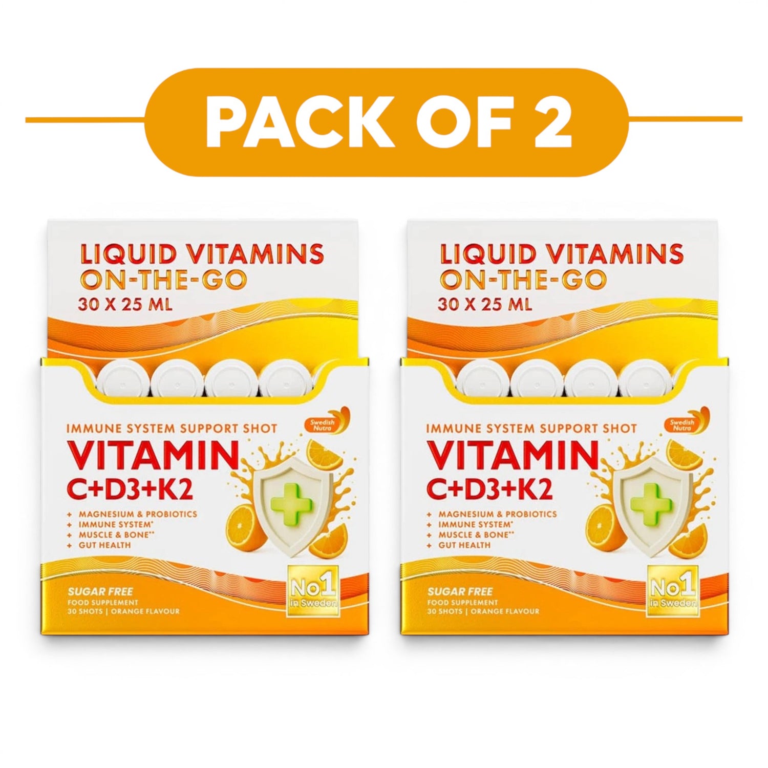 Swedish Nutra Vitamin C D3 K2 Zinc Probiotic Shots Orange 30 x 25ml Pack of 2