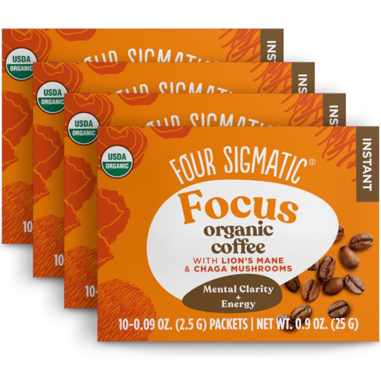 Four Sigmatic Organic Instant Coffee 10 packets, 4 boxes front packaging on white background