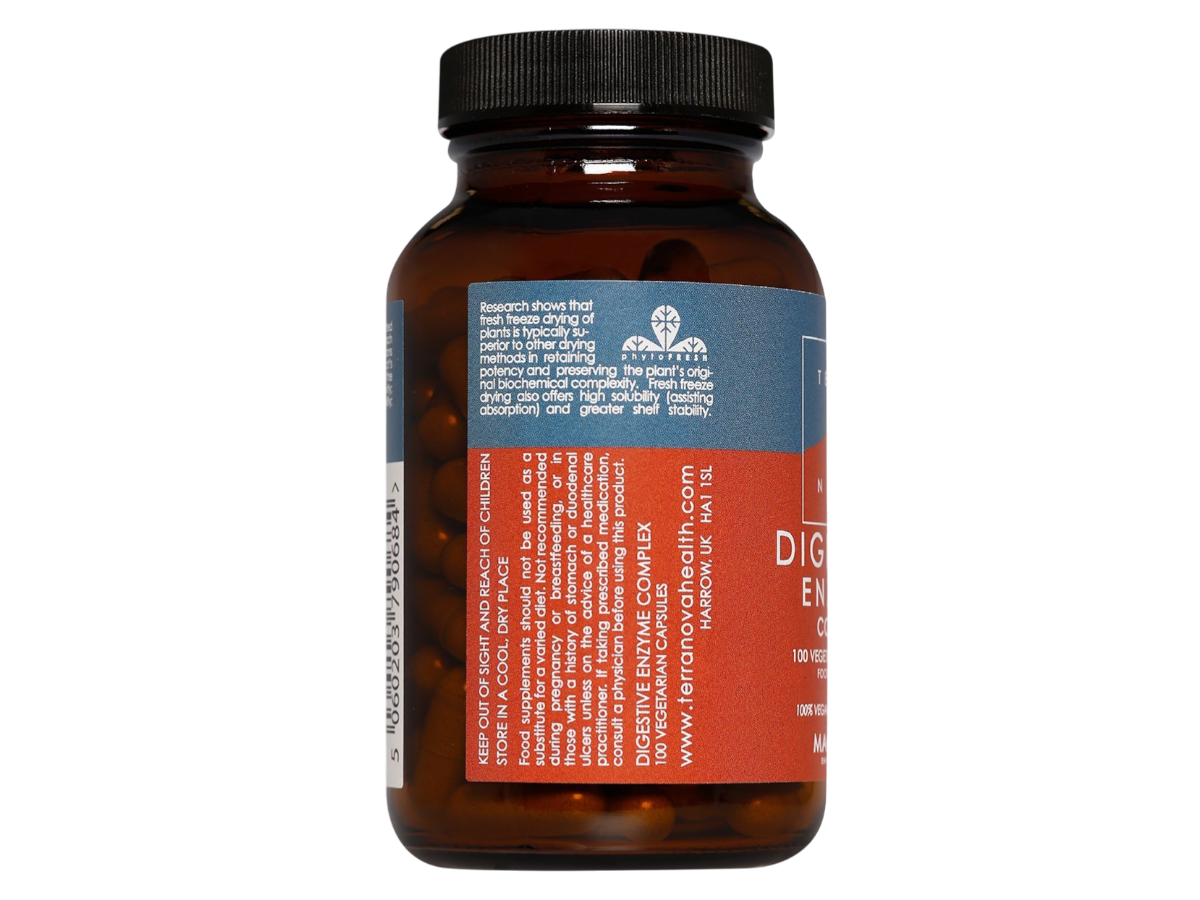 Back image: Terranova Digestive Enzyme Complex capsules bottle vegan 100 count