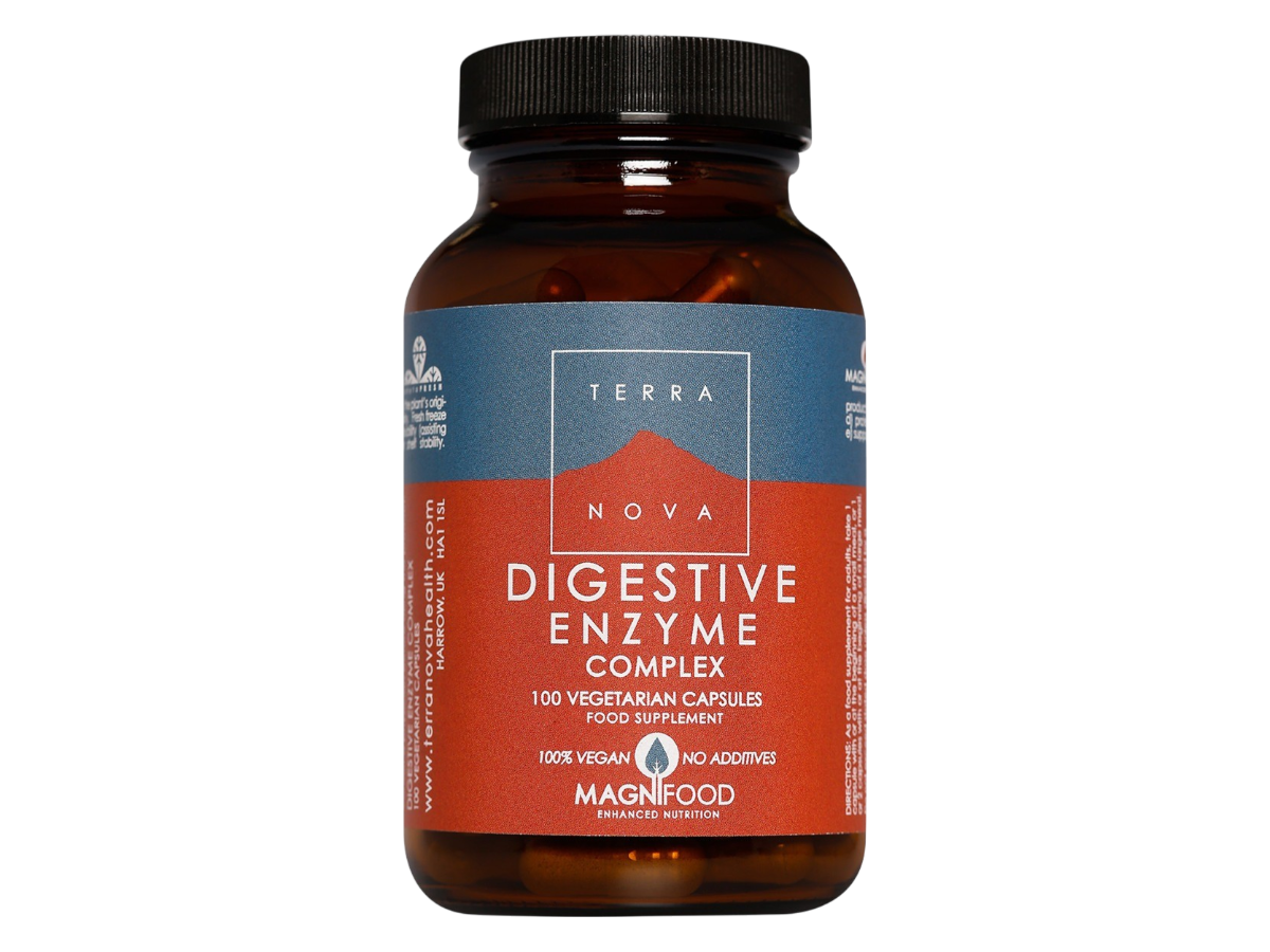 Front image: Terranova Digestive Enzyme Complex capsules bottle vegan 100 count