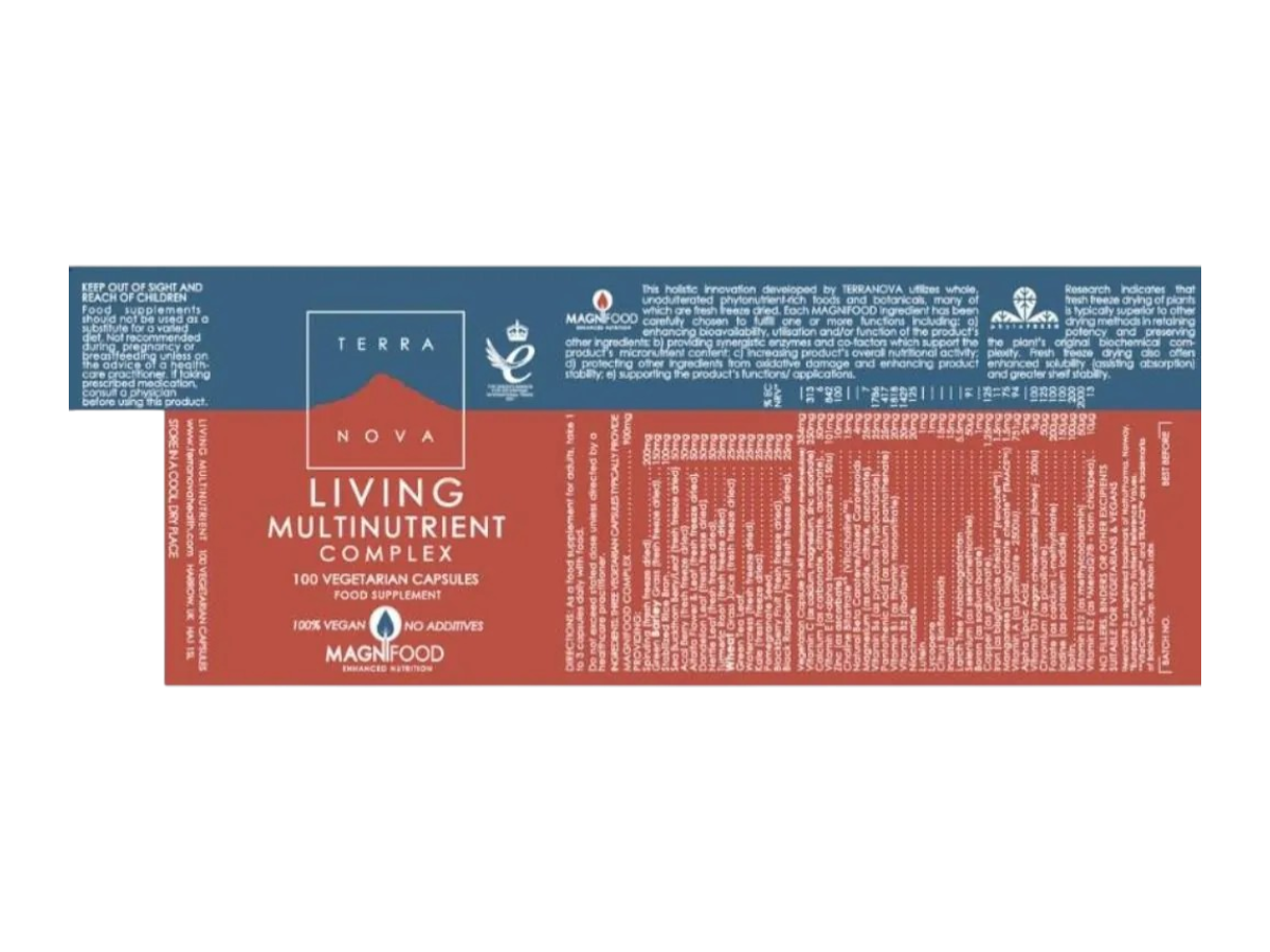 Supplement facts & ingredients image: Terranova Living Multinutrient Complex supplement facts ingredients vegan capsules 100 count