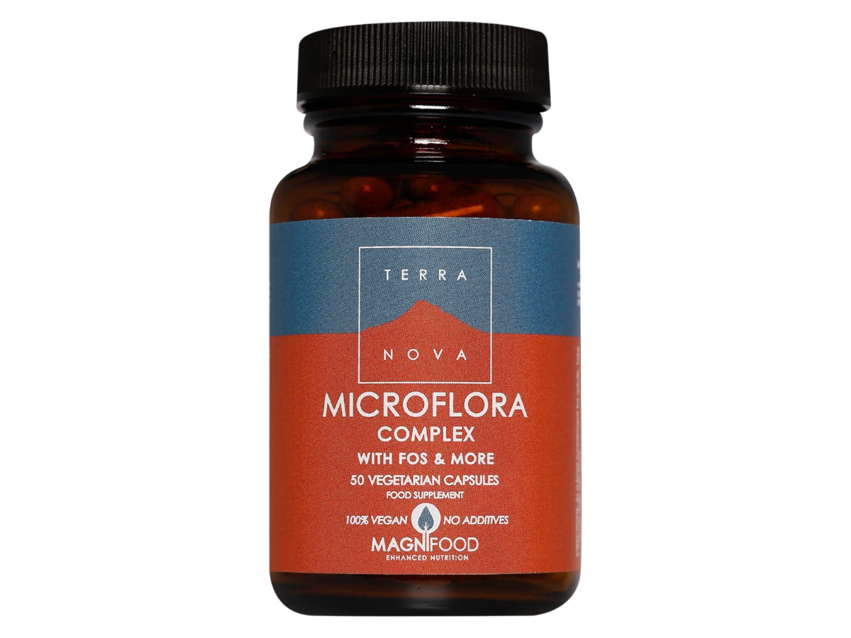 Front image: Terranova Microflora Complex with FOS capsules bottle vegan probiotic 50 count