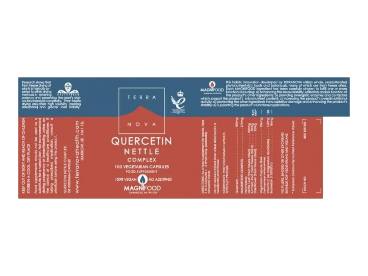 Supplement facts & ingredients image: Terranova Quercetin Nettle Complex supplement facts ingredients vegan capsules 100 count