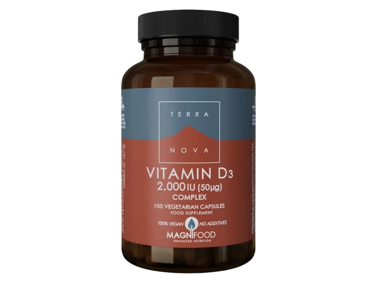 Front image: Terranova Vitamin D3 2000IU capsules bottle vegan 100 count