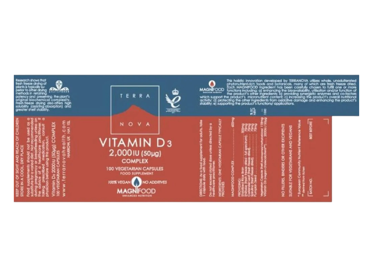 Supplement facts & ingredients image: Terranova Vitamin D3 2000IU supplement facts ingredients vegan capsules 100 count