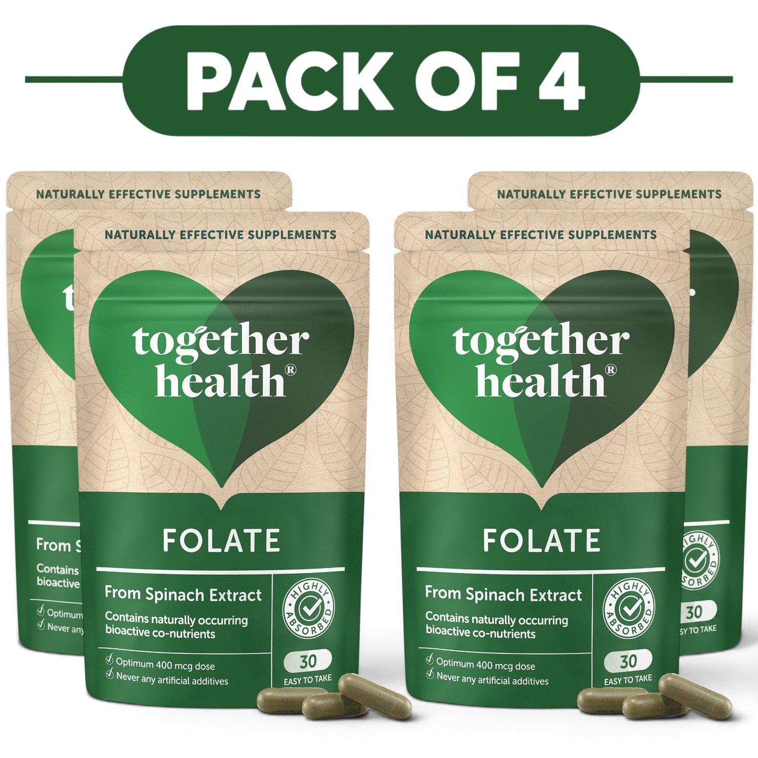 Together Health Folate from Spinach Extract 30 Capsules Pack of 4