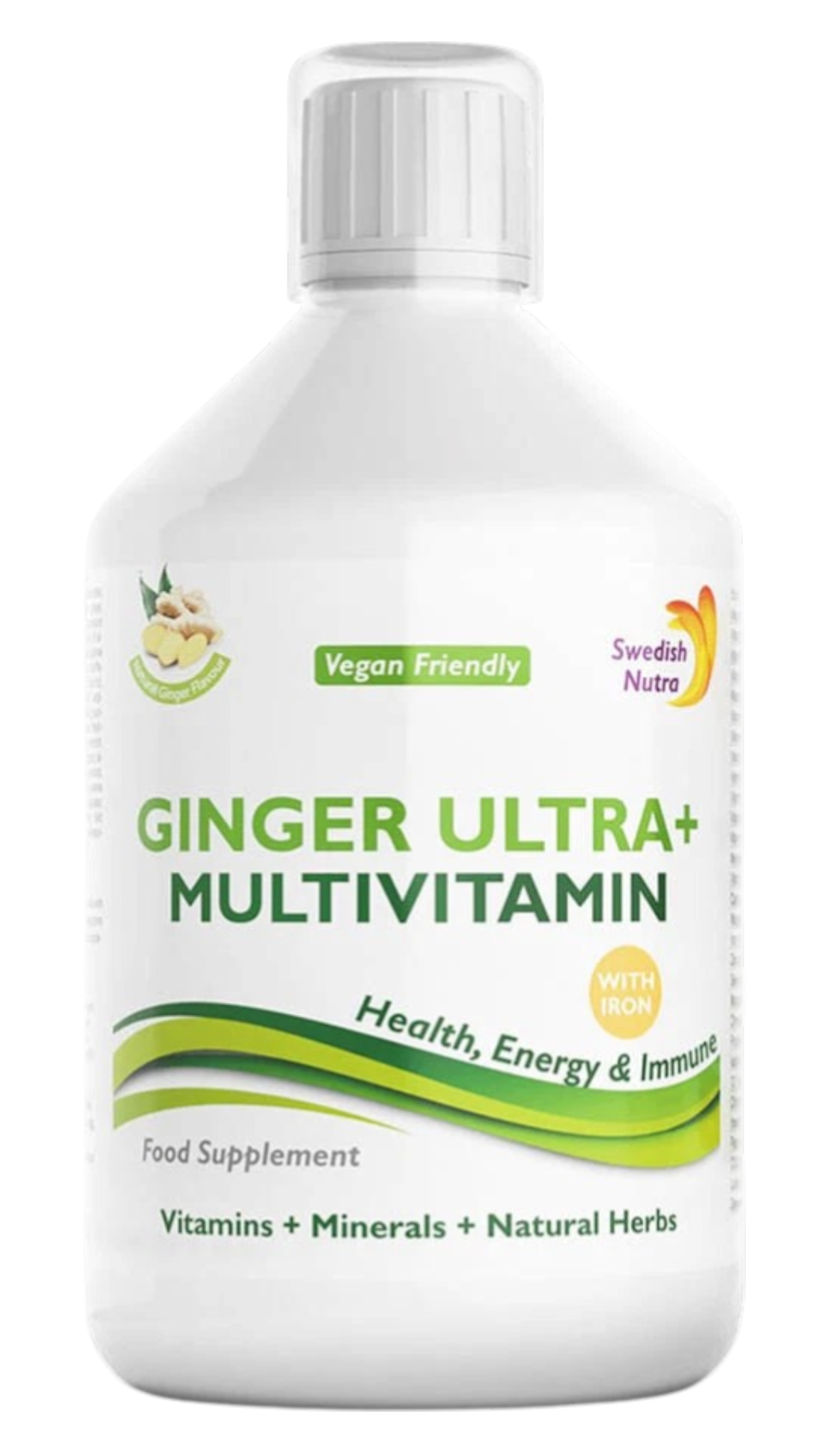 Front Image: Swedish Nutra Ginger Ultra+ liquid multivitamin 500ml bottle