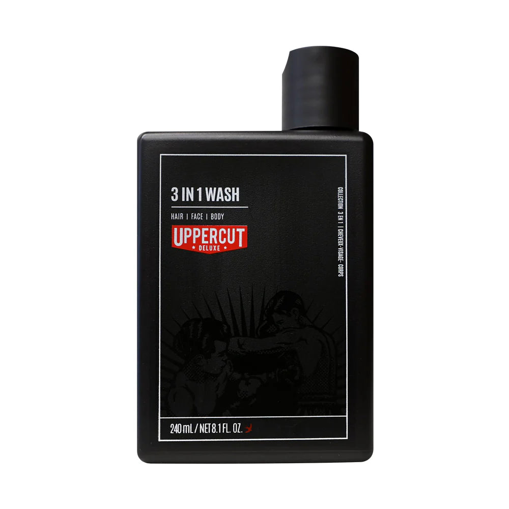 Front image: Uppercut Deluxe 3 in 1 Hair Face Body Wash 240ml bottle Bay Rum fragrance packaging