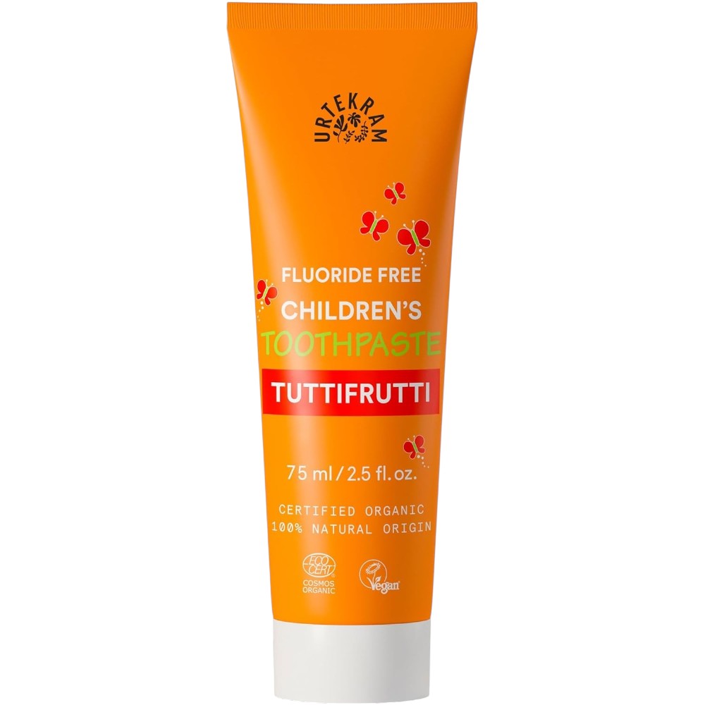 Urtekram Children's Fluoride Free Toothpaste Tutti Frutti, toothpaste tube packaging, tutti frutti flavour, 75ml