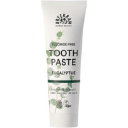 Urtekram Fluoride Free Eucalyptus Toothpaste, toothpaste tube packaging, eucalyptus flavour, 75ml