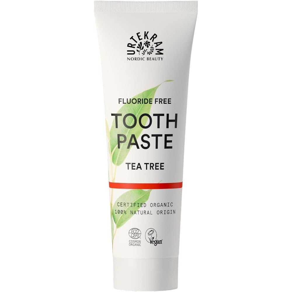 Urtekram Fluoride Free Tea Tree Toothpaste, toothpaste tube packaging, tea tree flavour, 75ml