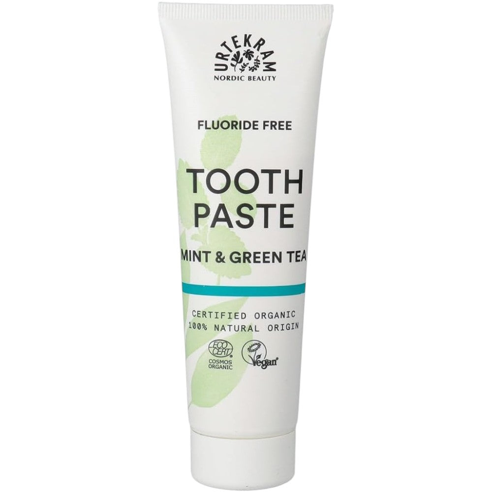 Urtekram Fluoride Free Mint & Green Tea Toothpaste, toothpaste tube packaging, mint and green tea flavour, 75ml