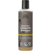 Urtekram Blond Hair Camomile Shampoo, shampoo bottle packaging, mild chamomile fragrance, 250ml