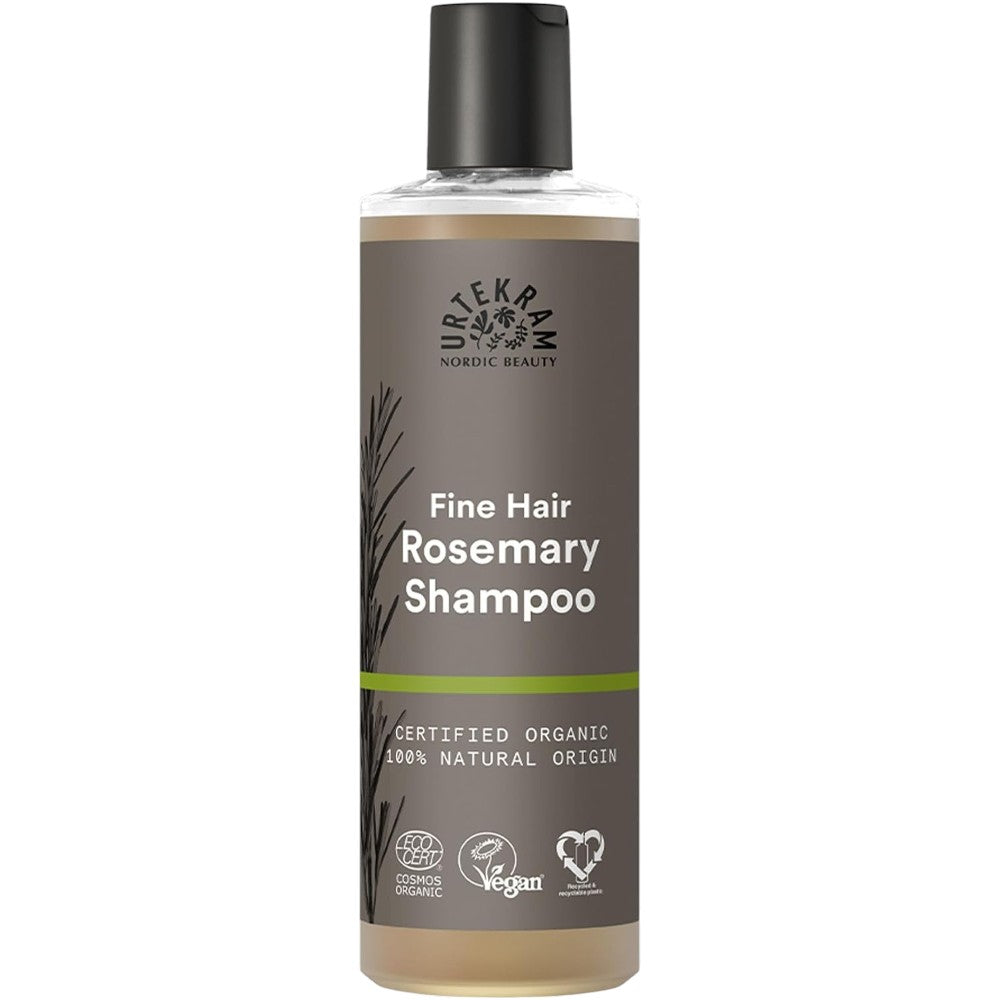 Urtekram Fine Hair Rosemary Shampoo, shampoo bottle packaging, rosemary fragrance, 250ml