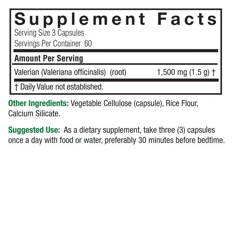 Nature’s Answer Valerian Root Capsules 180 count supplement facts label on a white background