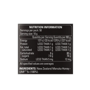 Supplement facts & ingredients image: Comvita Manuka Honey UMF 10+ MGO 263+ nutrition label glass 500g