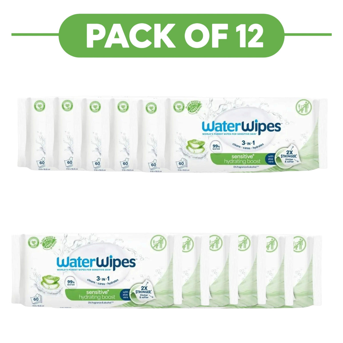 WaterWipes Sensitive+ Hydrating Boost Aloe Vera Wipes 60 Count Pack of 12