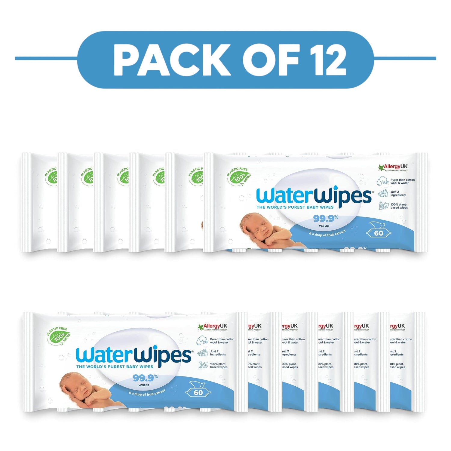WaterWipes Sensitive+ Newborn Baby Wipes 99.9% Water 60 Wipes Pack of 12
