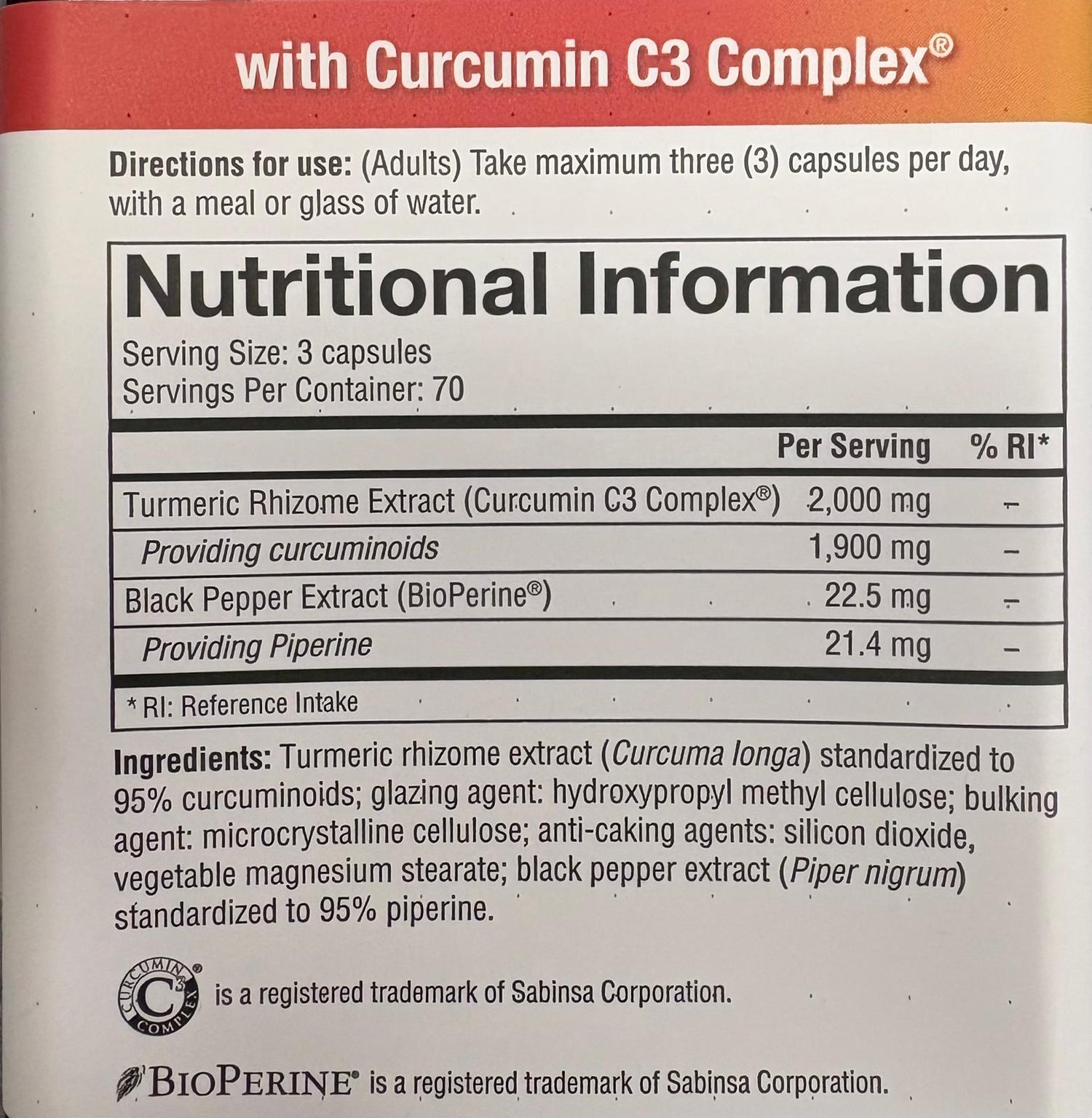 Nutritional information label for a supplement with Curcumin C3 Complex