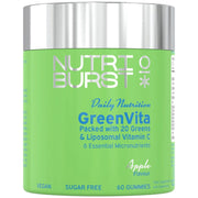 A container of Nutri Burst GreenVita Daily Nutrition gummies, apple flavor, with a bright green label and a metallic silver lid on a white background.