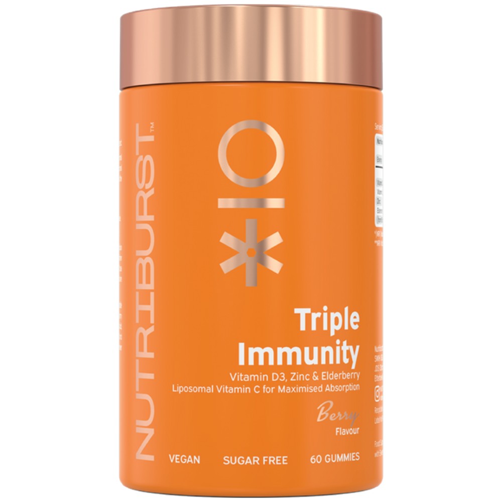 Nutriburst Immune Support Gummies bottle with Vitamin C, D3, Zinc, Elderberry.