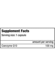 Supplement facts label highlighting 100mg Coenzyme Q10 per serving.