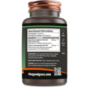 Supplement facts label and details for The Good Guru Black Maca and Ashwagandha capsules, on white background.