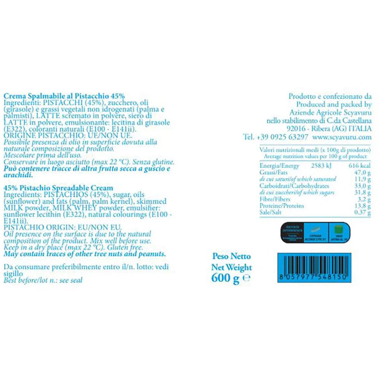 Scyavuru Pistachio Cream Spread ingredient & barcode label 600g