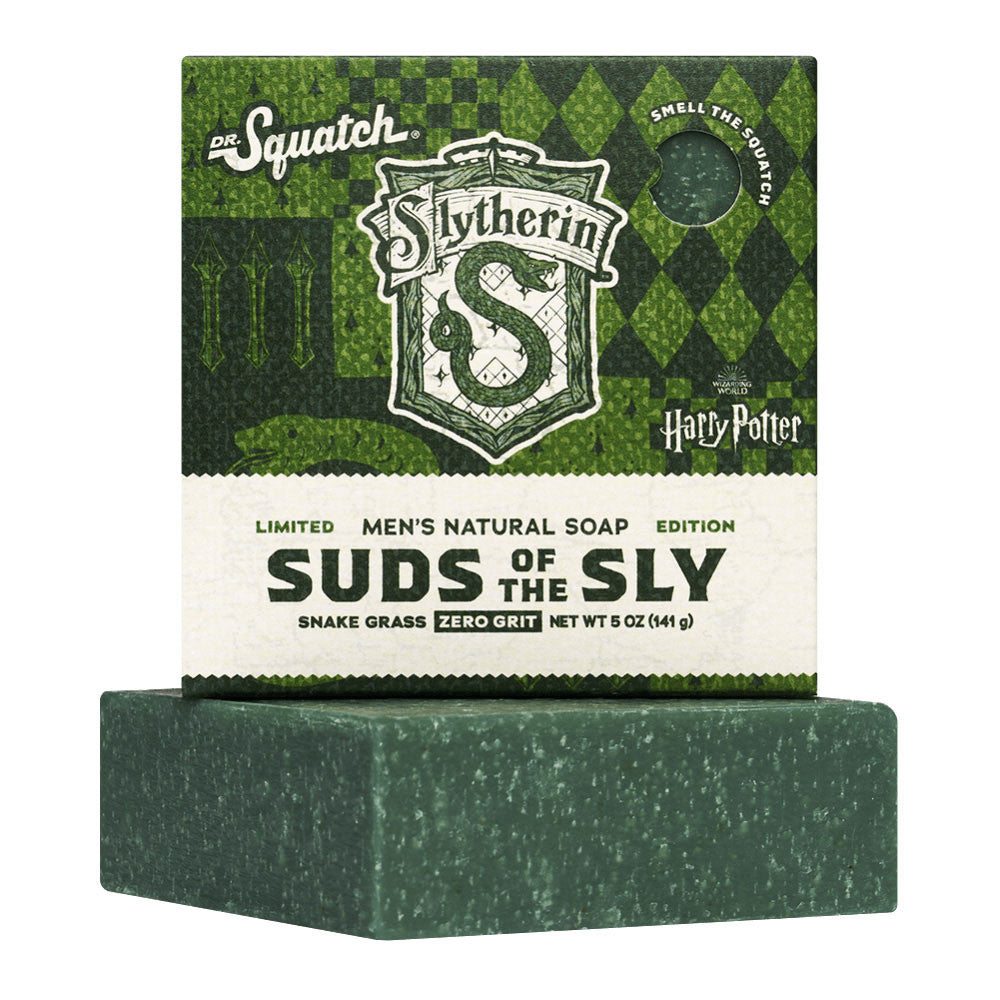 Dr. Squatch x Harry Potter Slytherin Suds of the Sly Bar Soap in green-themed packaging.