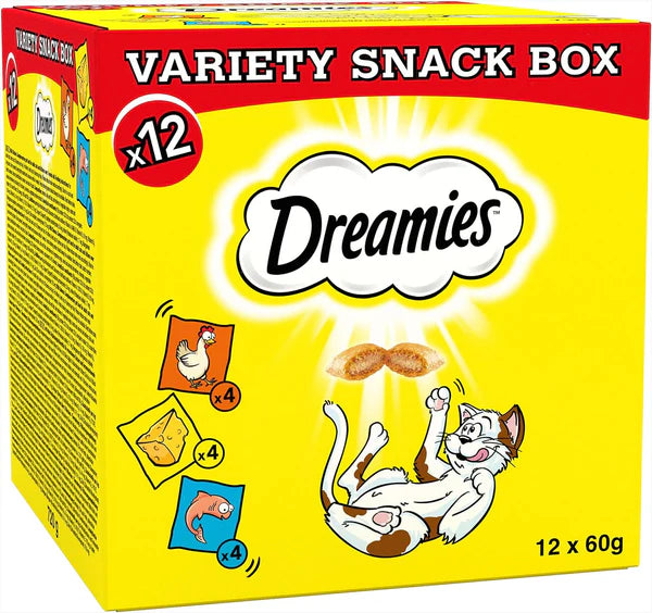 Dreamies cat treats variety snack box multipack biscuits chicken cheese salmon flavour 12 x 60g packs