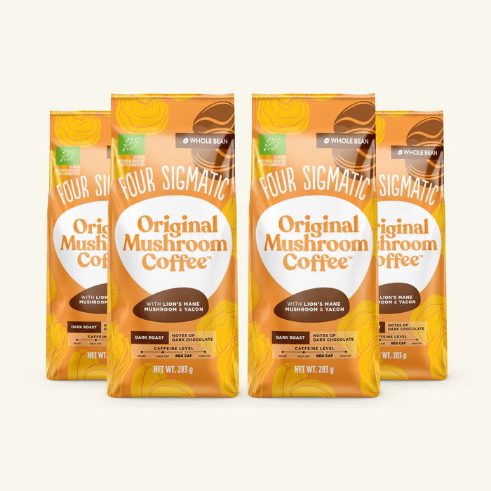 Four Sigmatic organic dark roast mushroom coffee whole beans 283g, 4 packs front packaging