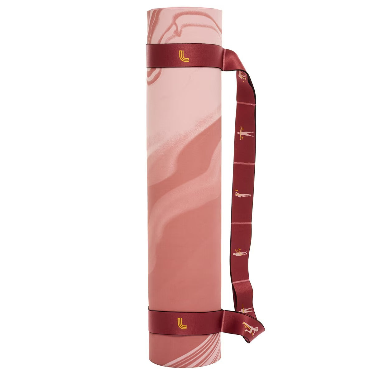 Lolë Ash Rose Marble Yoga Mat rolled up with strap attached.