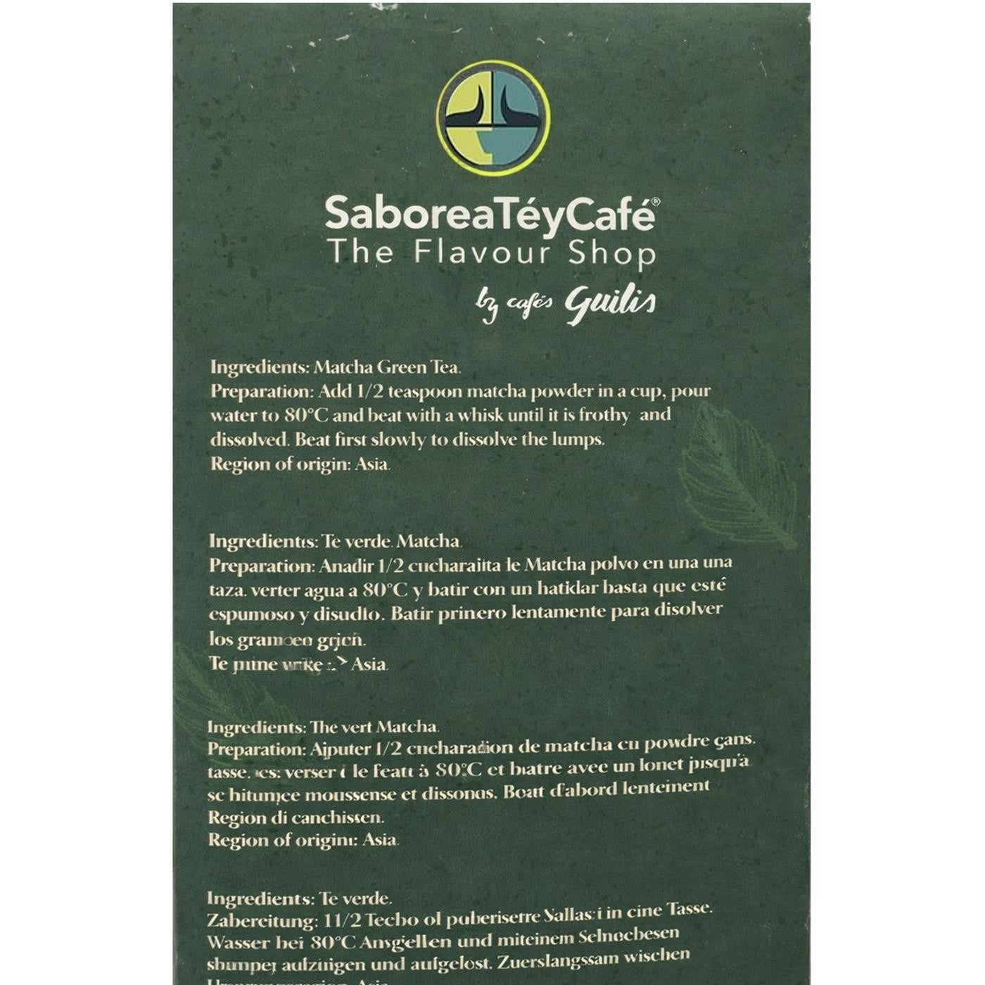Supplement Facts & Ingredients Image: Saboreatey Café Guilis matcha green tea powder ingredients label 200g pack