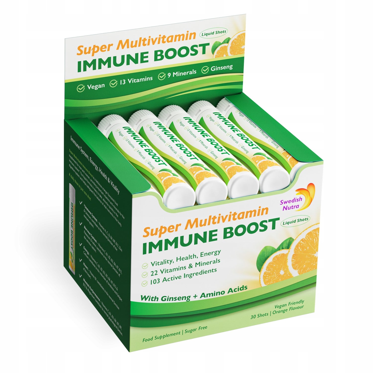 Front image: Swedish Nutra Super Multivitamin Liquid Shots orange flavour box 30 x 25ml bottles