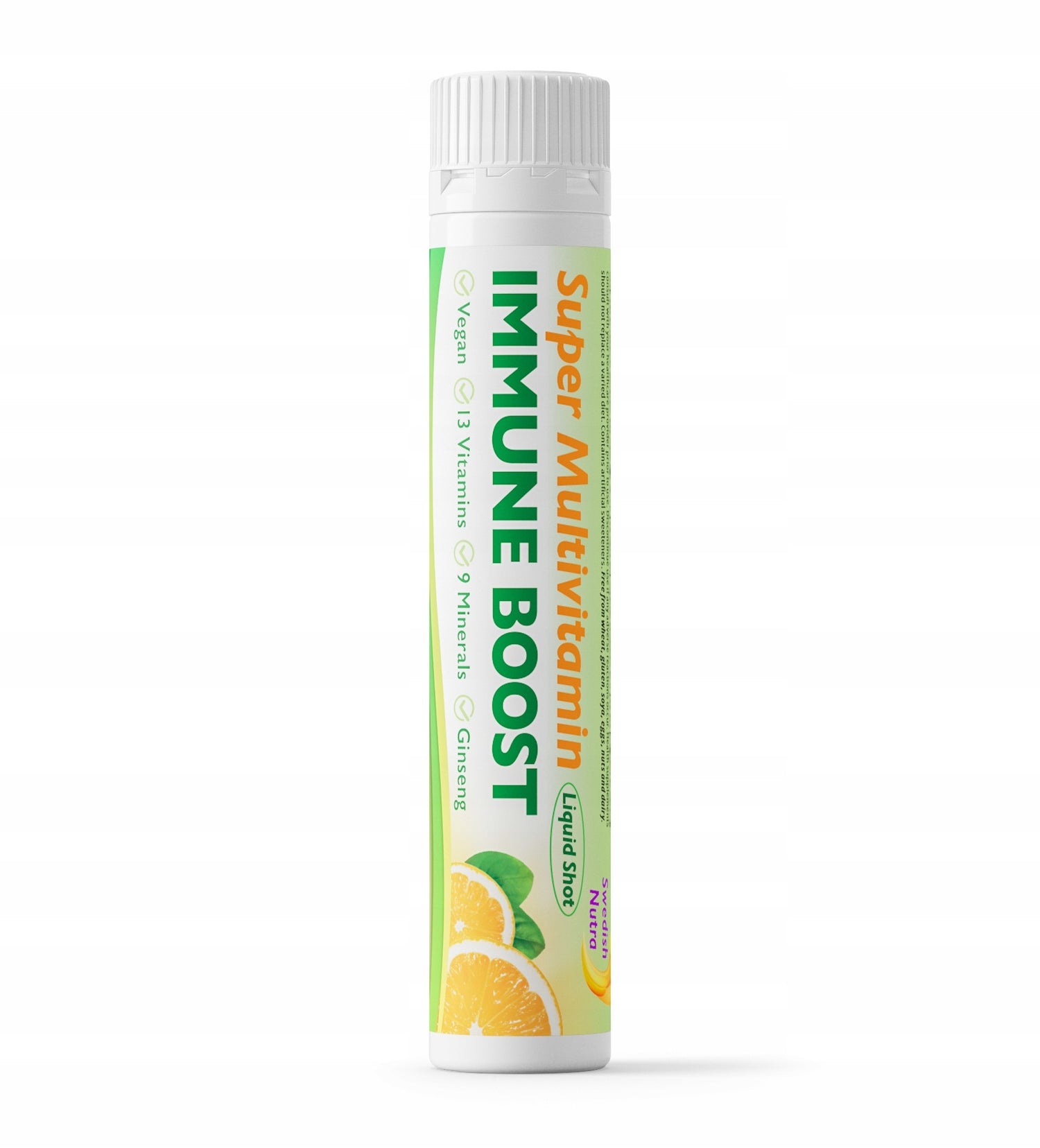 Front image: Swedish Nutra Super Multivitamin Liquid Shots orange flavour 25ml bottles