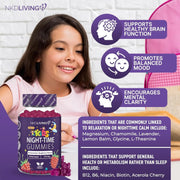 NKD Living Kids Night-Time Gummies Raspberry flavoured gummy pouch 60 gummies supplement facts and ingredients