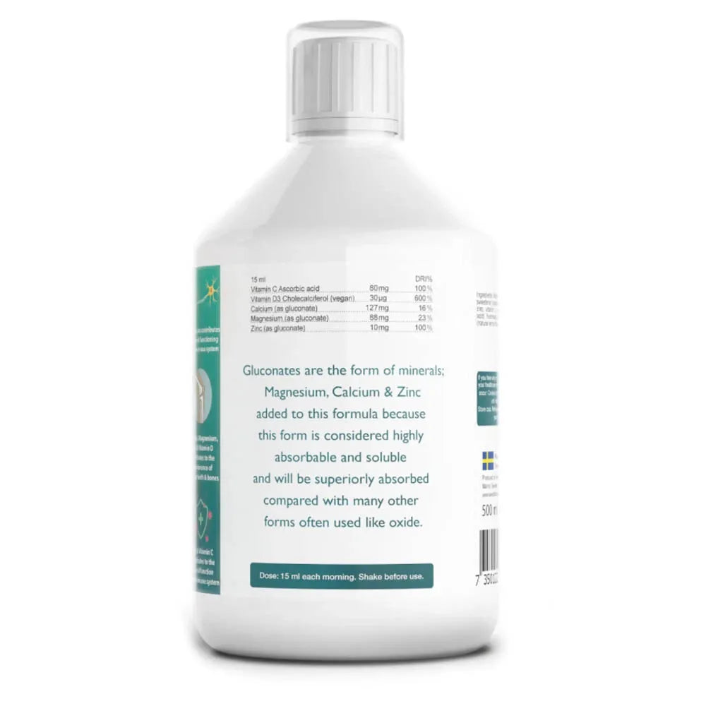Supplement facts & ingredients image: Swedish Nutra Cal-Mag supplement facts ingredients liquid lemon 500ml