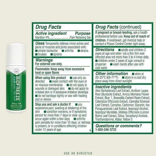 Biofreeze cooling gel ingredients label bottle 89ml