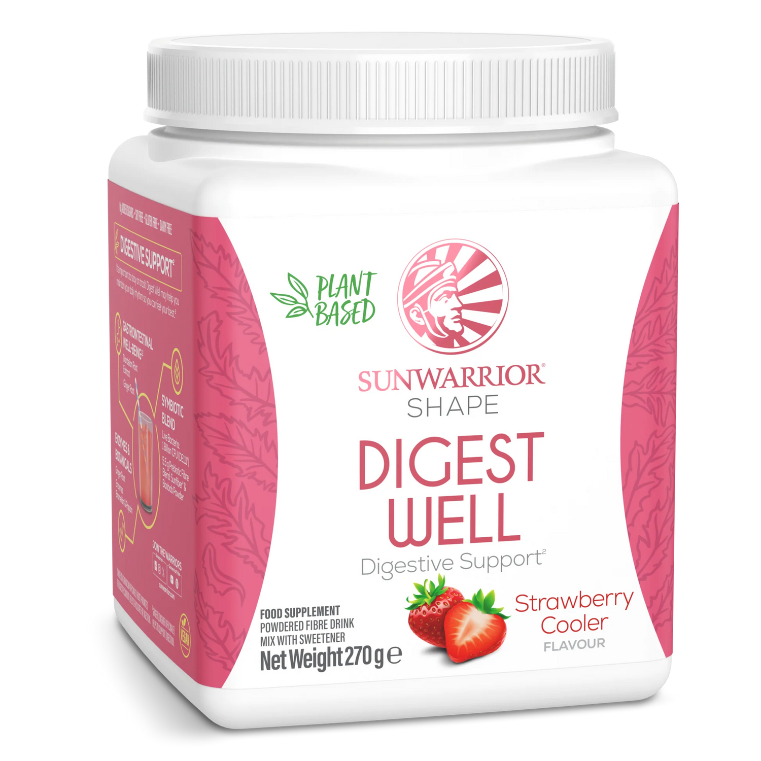 Sunwarrior Shape Digest Well Strawberry Cooler plant based drink mix powder tub 270g
