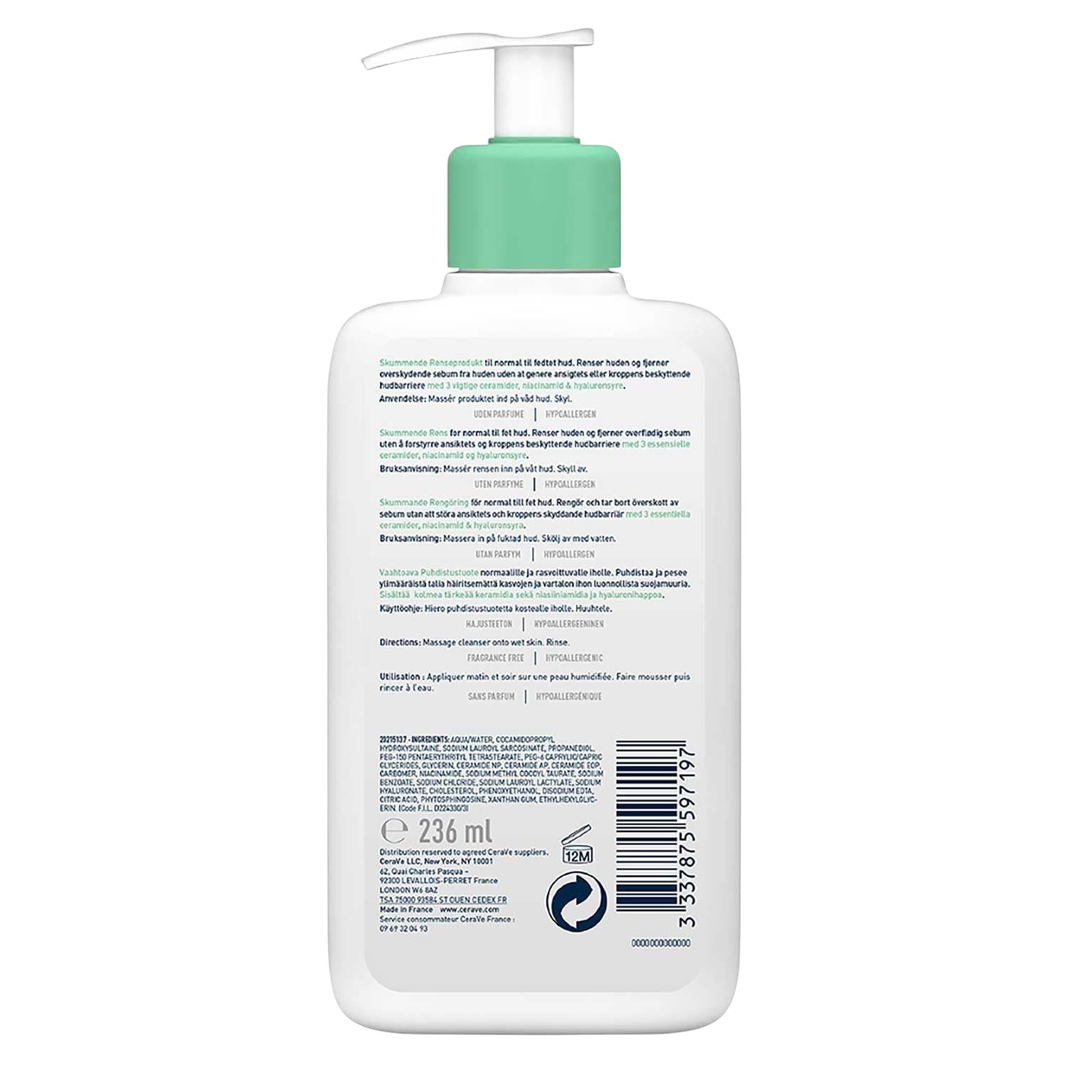 CeraVe Foaming Cleanser barcode on fragrance free cleanser bottle 236ml