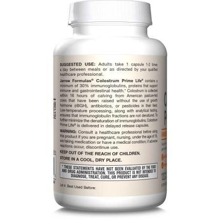 How to Use Image: Jarrow Formulas Colostrum Prime Life 400mg veggie capsules 120 count usage instructions between meals