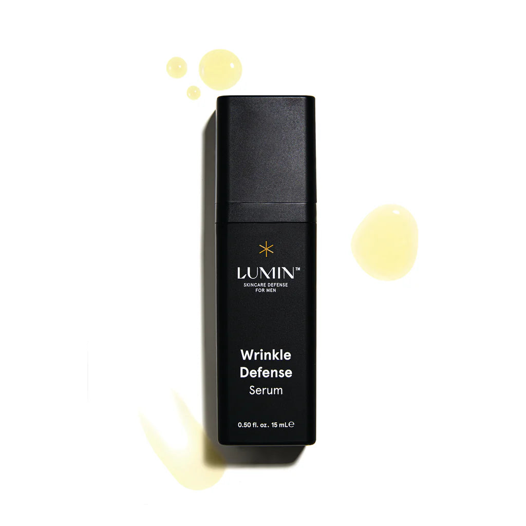 Lumin Daily Defense Face Serum for Men, 15mL bottle, on white background.