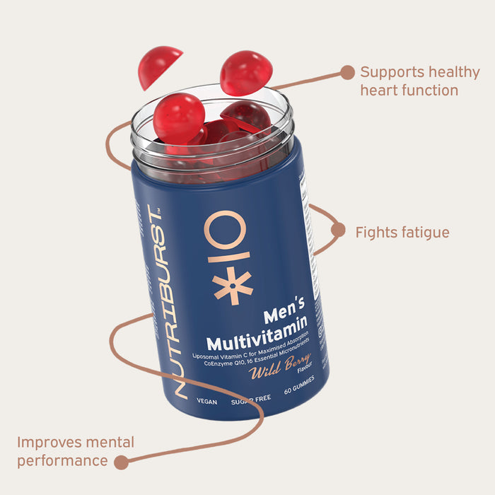 Nutriburst Men's Multivitamin Gummies bottle, wild berry flavour, 60 count.