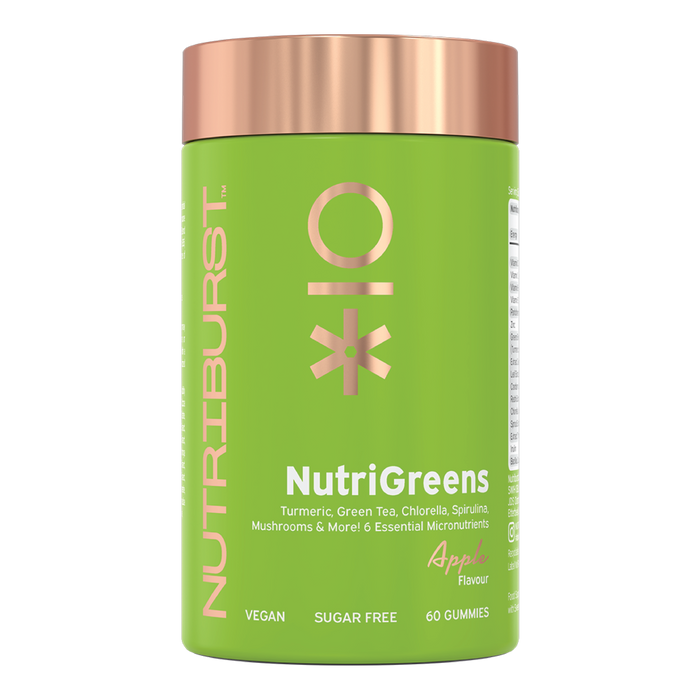 Nutriburst NutriGreens Gummies bottle, apple flavour, 60 count superfood supplement.