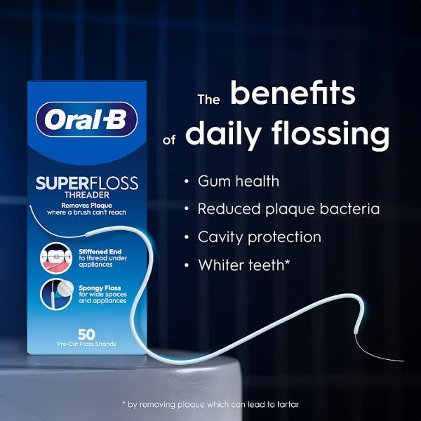 Oral-B Superfloss Threader Dental Floss 50 pre-cut strands packaging showing product information